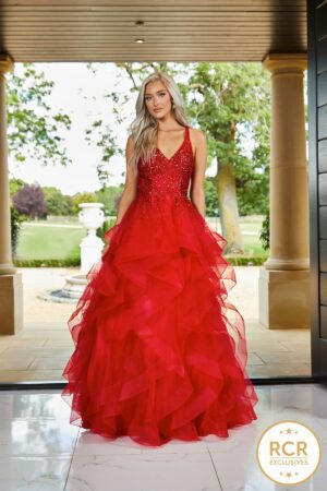red ruffle ballgown with a crystal encrusted bodice & a low back