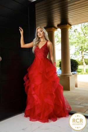 red ruffle ballgown with a crystal encrusted bodice & a low back