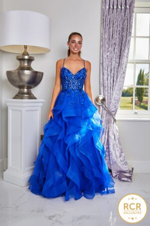 Tiered ruffled princess ballgown with handbeaded bodice