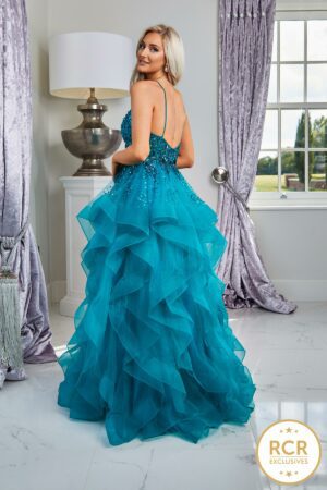 Tiered ruffled princess ballgown with handbeaded bodice