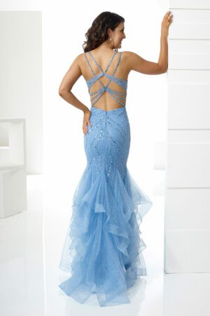 electric blue Fishtail with intricate sequin embellishments and strappy open-back detailing.