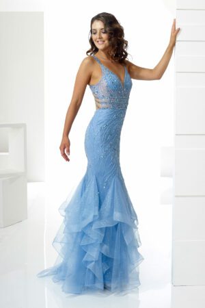 electric blue Fishtail with intricate sequin embellishments and strappy open-back detailing.