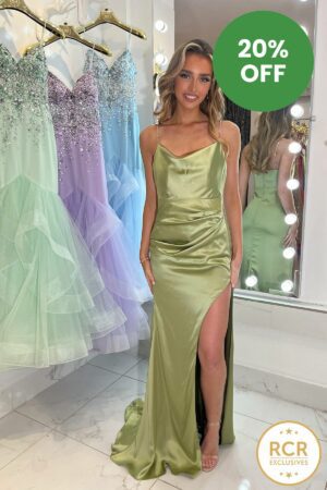 satin prom and evening dress with a leg slit and embellished straps