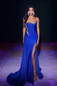 Cobalt slinky prom and evening dress with detailing on bust