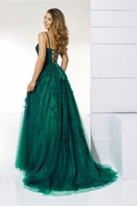 emerald A-line dress with floral embroidery and sparkly sequin detailing.
