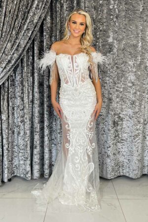 white off the shoulder embellished couture dress