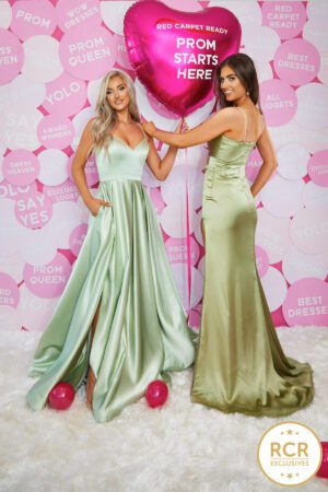 sage satin prom and evening dress with a leg slit and straps and ballgown with a v-neck, leg split and straps.