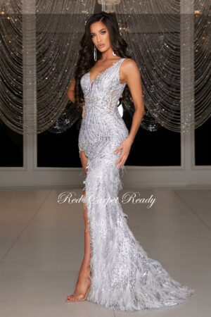 silver prom and evening dress with detailing and leg slit