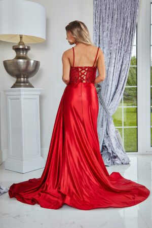 satin wrapped prom and evening dress with gem detailing, leg slit and flowing train