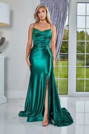 satin wrapped prom and evening dress with gem detailing, leg slit and flowing train
