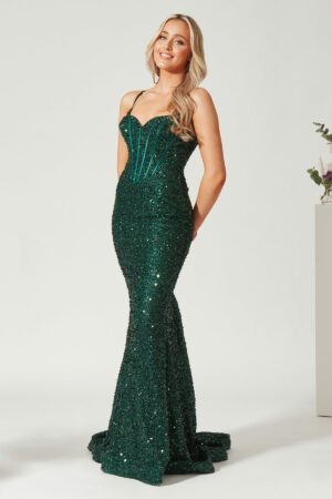 Emerald slinky fishtail prom dress