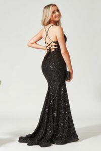 Black slinky fishtail prom dress
