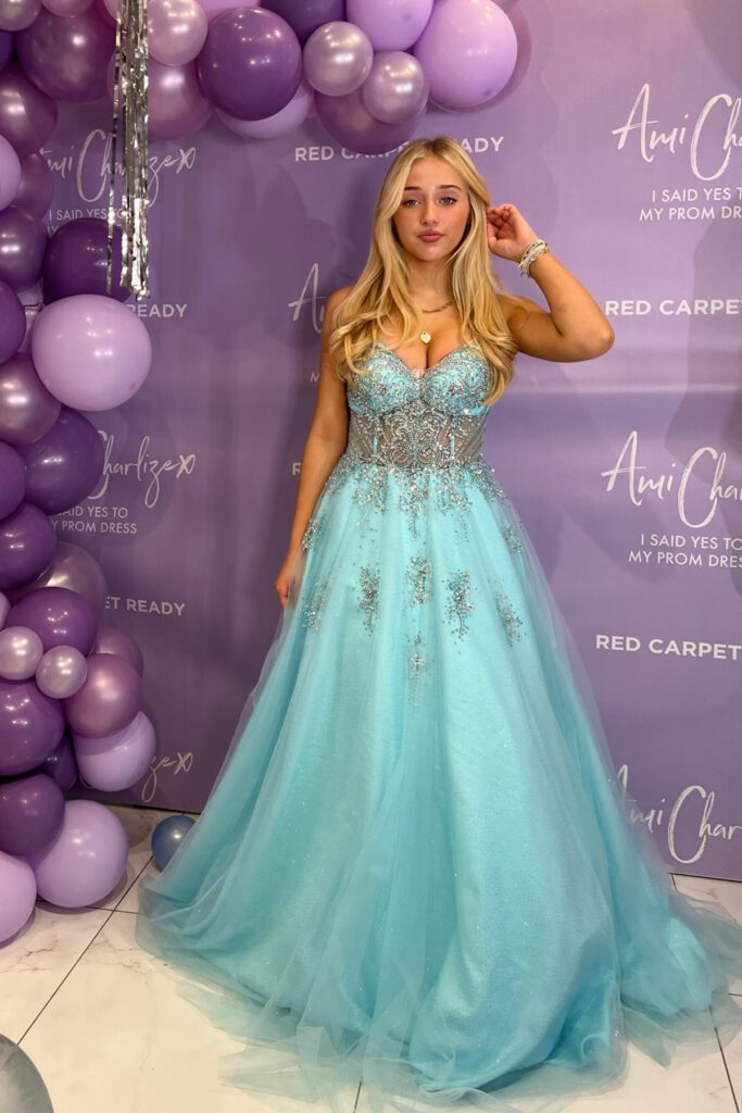 baby blue princcess ballgown with embezzled bodice