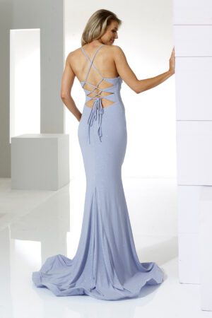 ice blue slink prom and evening dress with corset back