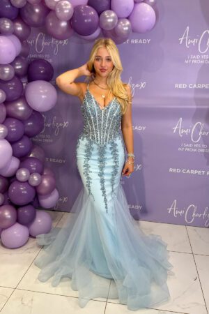 ice blue fishtail prom & evening gown with embellished detailing on the bodice