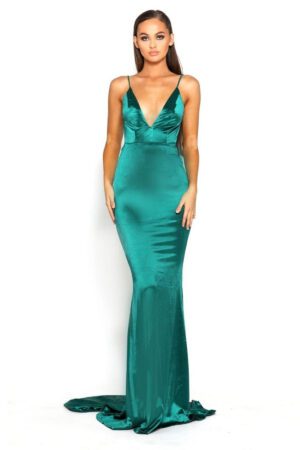 satin prom and evening dress with open back and straps