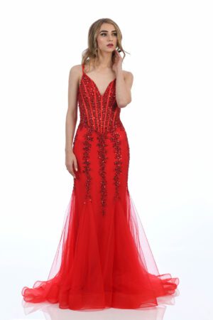 red fishtail prom & evening gown with embellished detailing on the bodice