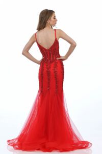 red fishtail prom & evening gown with embellished detailing on the bodice