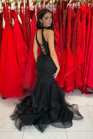 black fishtail mermaid prom & evening gown