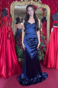 navy fishtail crystal encrusted prom & evening dress with a corset back