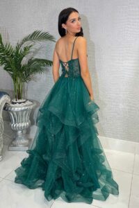 ruffle ballgown with straps and a corset back