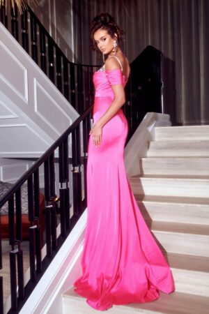 hot pink satin prom & evening dress with straps & detailing on the bodice