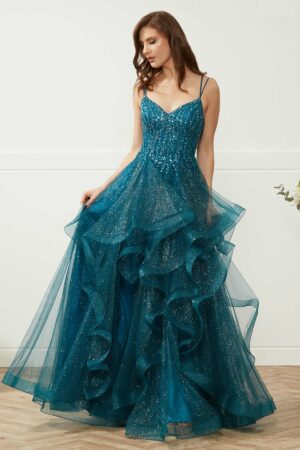 peacock blue ruffle ballgown with straps and a corset back