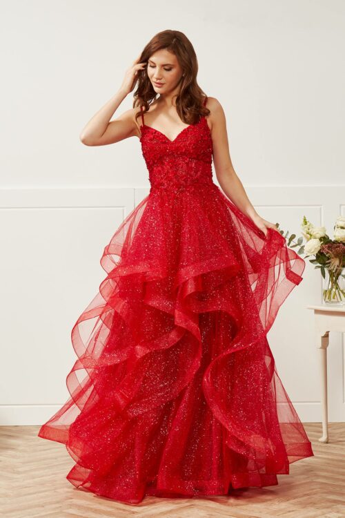 Red ruffle ballgown with a corset back