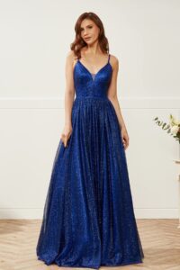 Royal blue shimmery a-line dress with a lace up corset back
