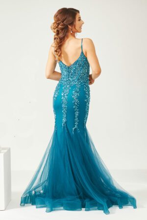 Teal slinky fishtail prom and evening dress