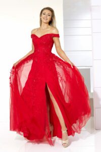Red A-line dress with a leg slit