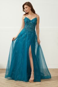 Teal A-line gown with a leg slit