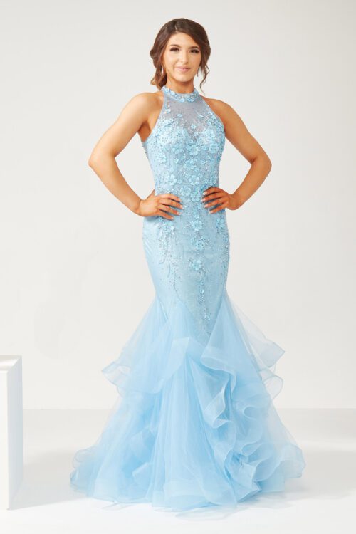 Electric blue high neck fishtail prom dress
