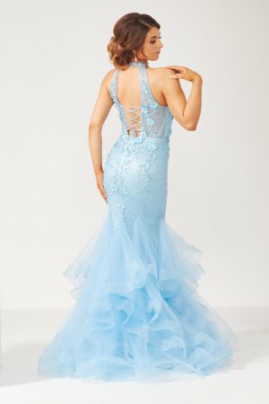 Electric blue high neck fishtail prom and evening dress
