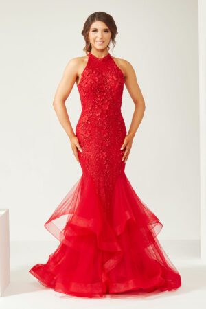 Red hign neck fishtail prom and evening dress