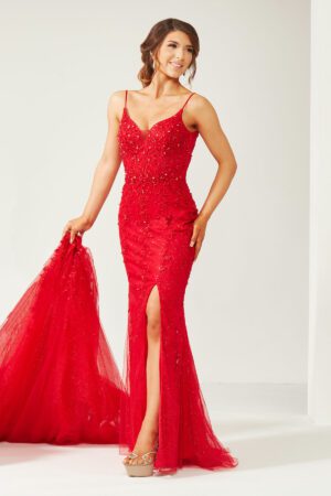 Red slinky ballgown prom dress