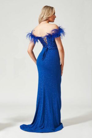 Royal blue off the shoulder slinky prom dress