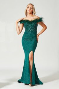 Emerald off the shoulder prom and evening dress.