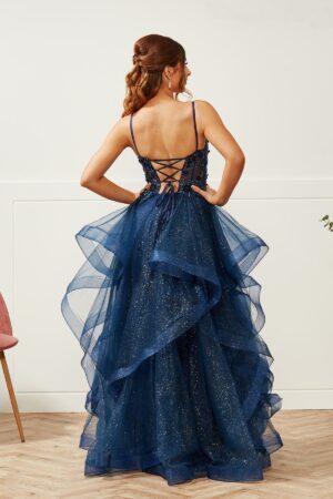 Navy ruffle ballgown with a corset back