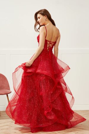 Red ruffle ballgown with a corset back
