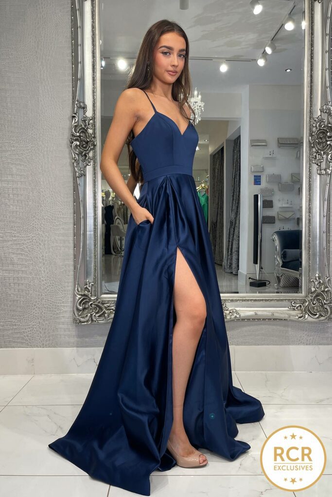 Navy satin prom and evening dress