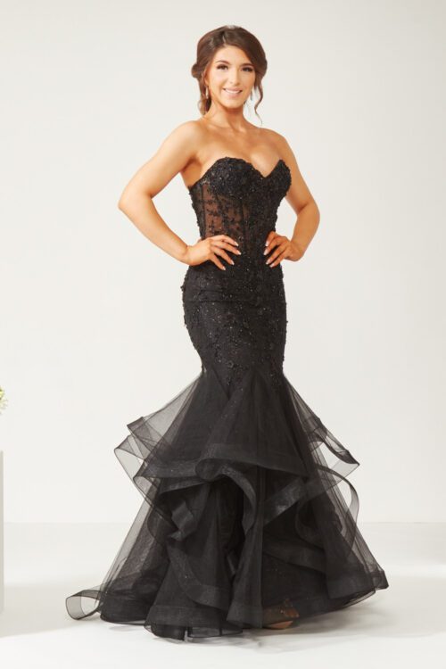 Black strapless fishtail prom dress