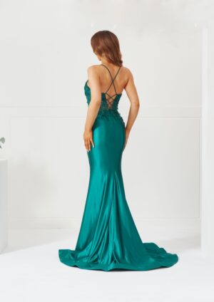 Emerald satin slinky prom dress