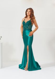 Emerald satin slinky prom dress