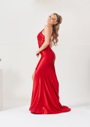 Red satin slinky prom dress