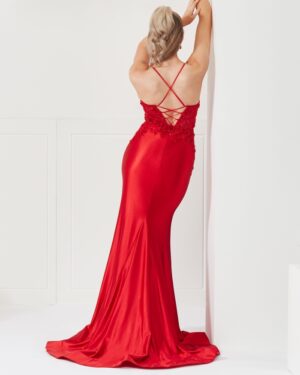 Red satin slinky prom dress
