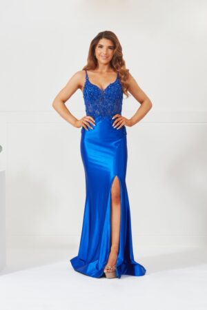 Royal blue satin slinky prom dress