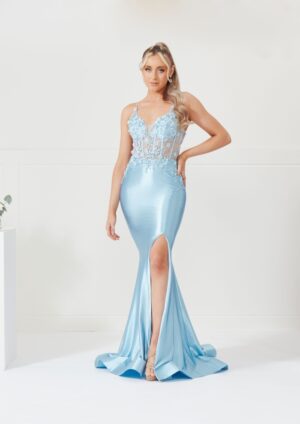Sky blue satin slinky prom dress