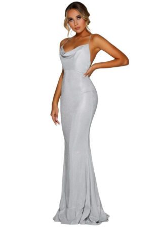 Silver Slinky Cowl Neck Dress