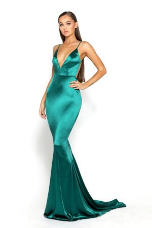 Emerald green slinky prom dress with a low back